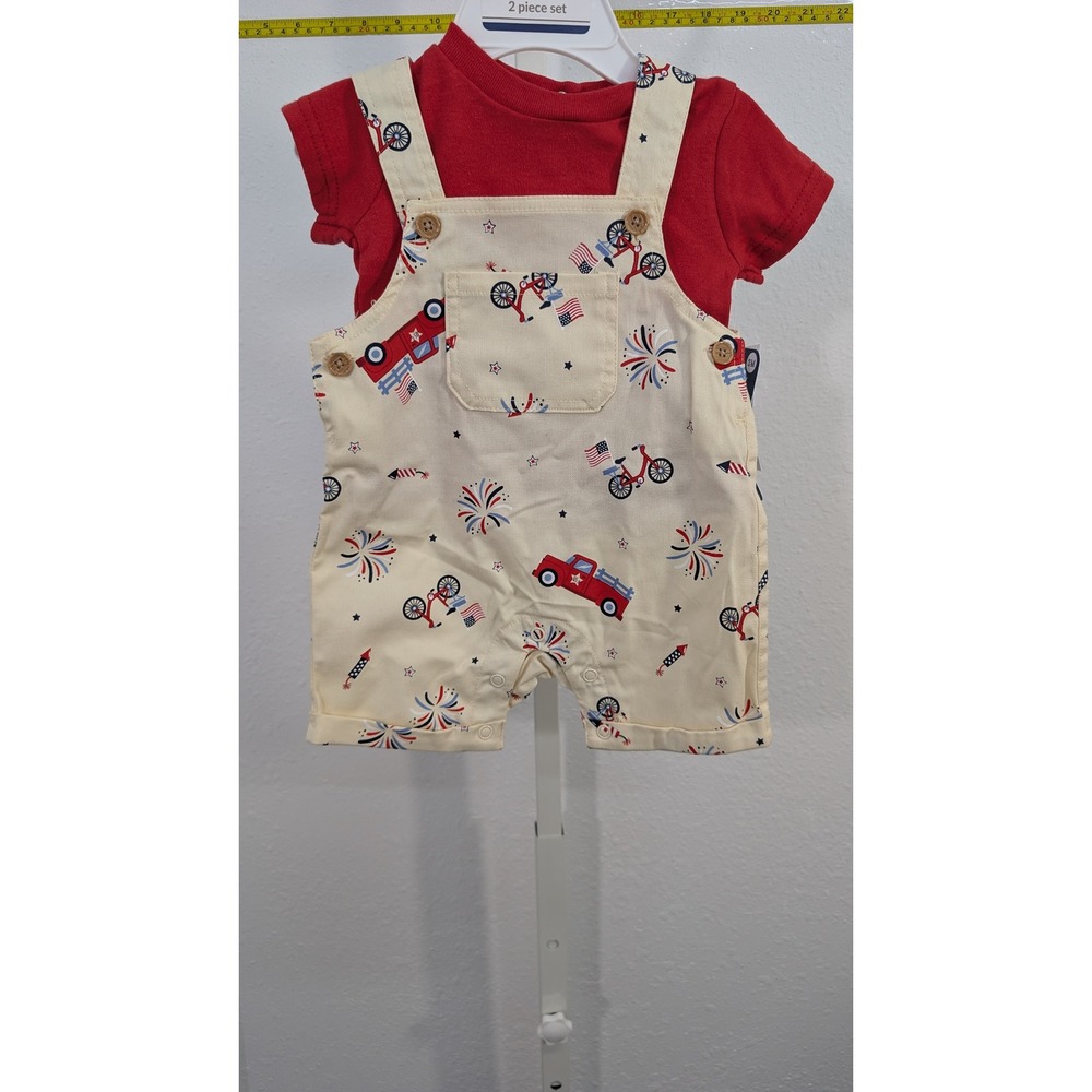 Baby‎ Starters 3M 2pc Americana Red Truck Bicycle Fireworks Overalls Set NWT